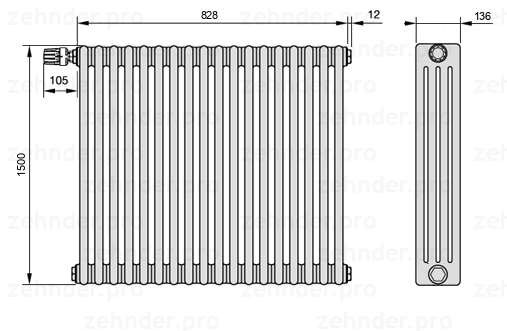 Схема (чертеж) Радиатор Zehnder Charleston 4150/18 №V011 Белый глянцевый RAL 9016